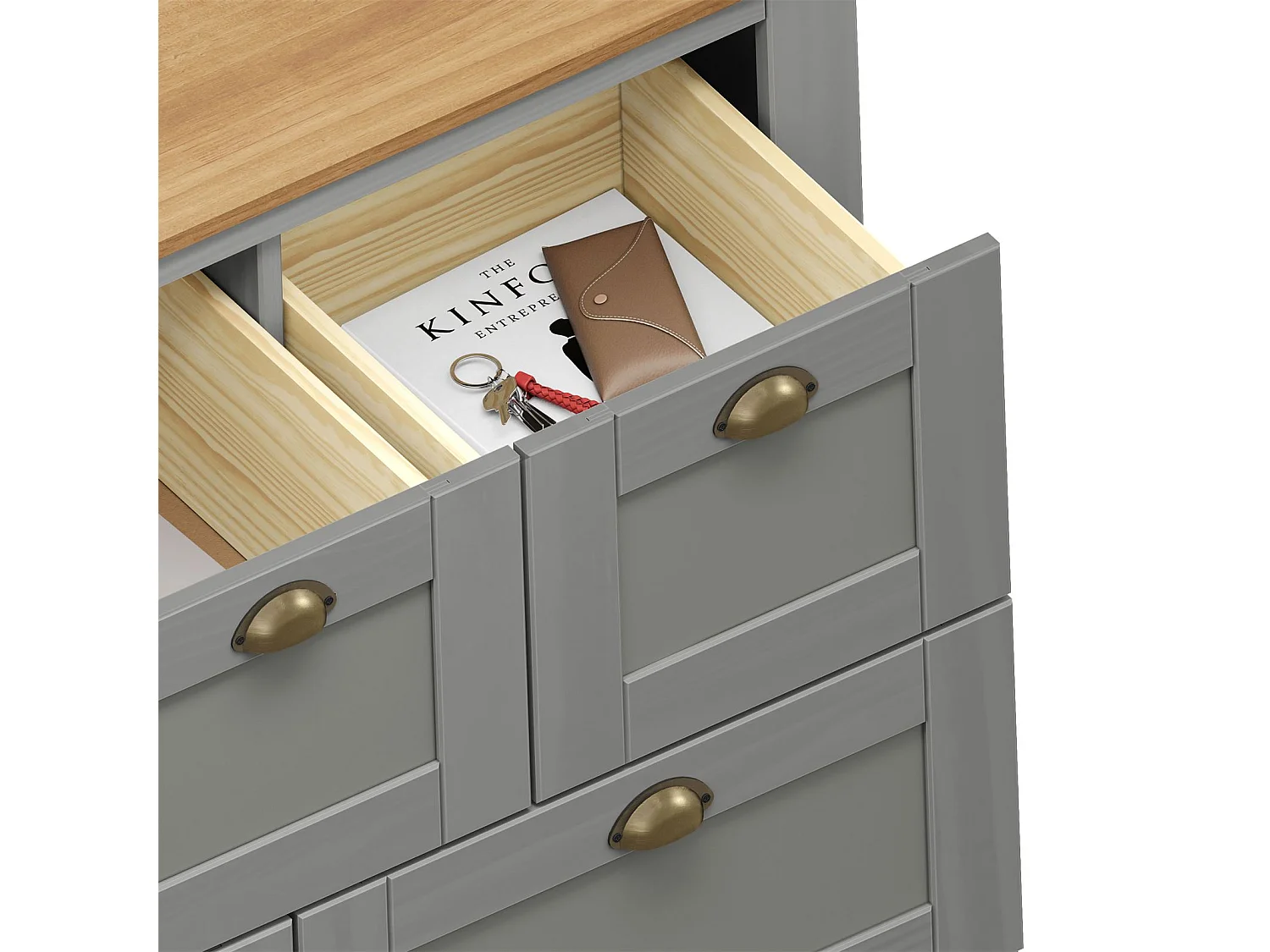 Commode chambre BOLTON L 110 cm en bois massif lasuré gris et brun 7 tiroirs meuble de rangement adulte buffet