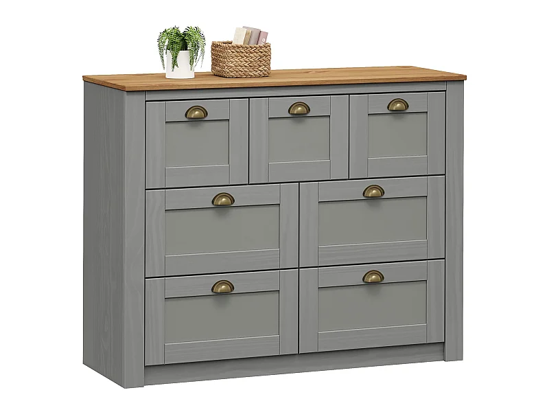 Commode chambre BOLTON L 110 cm en bois massif lasuré gris et brun 7 tiroirs meuble de rangement adulte buffet