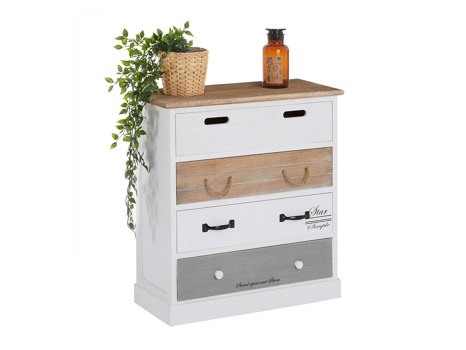 Commode SALVA étagère de rangement avec 4 tiroirs en bois de paulownia style shabby chic vintage rustique blanc brun gris