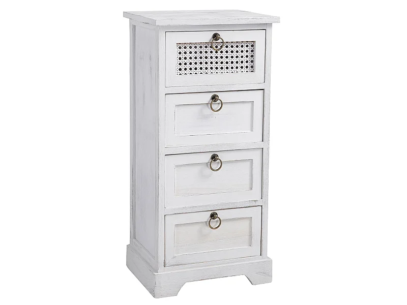 Chiffonnier IRMA petite commode avec 4 tiroirs, en bois de paulownia blanc style shabby chic vintage bohême avec déco en rotin