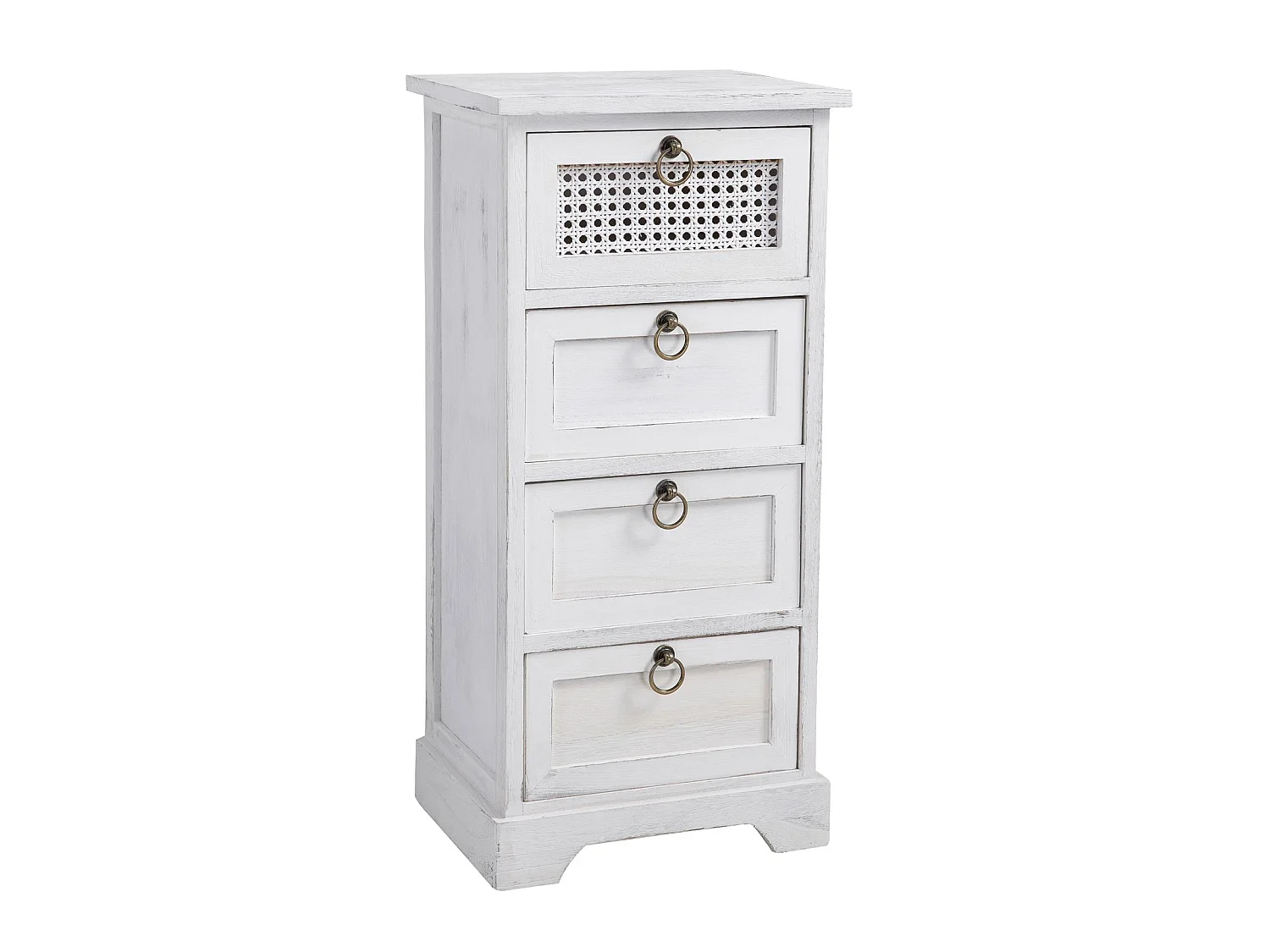 Chiffonnier IRMA petite commode avec 4 tiroirs, en bois de paulownia blanc style shabby chic vintage bohême avec déco en rotin