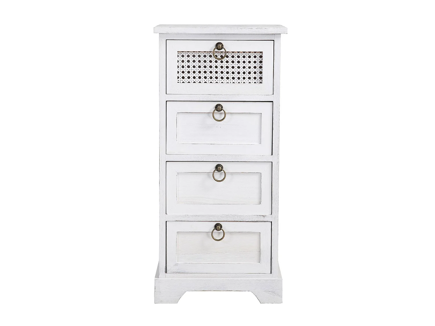 Chiffonnier IRMA petite commode avec 4 tiroirs, en bois de paulownia blanc style shabby chic vintage bohême avec déco en rotin