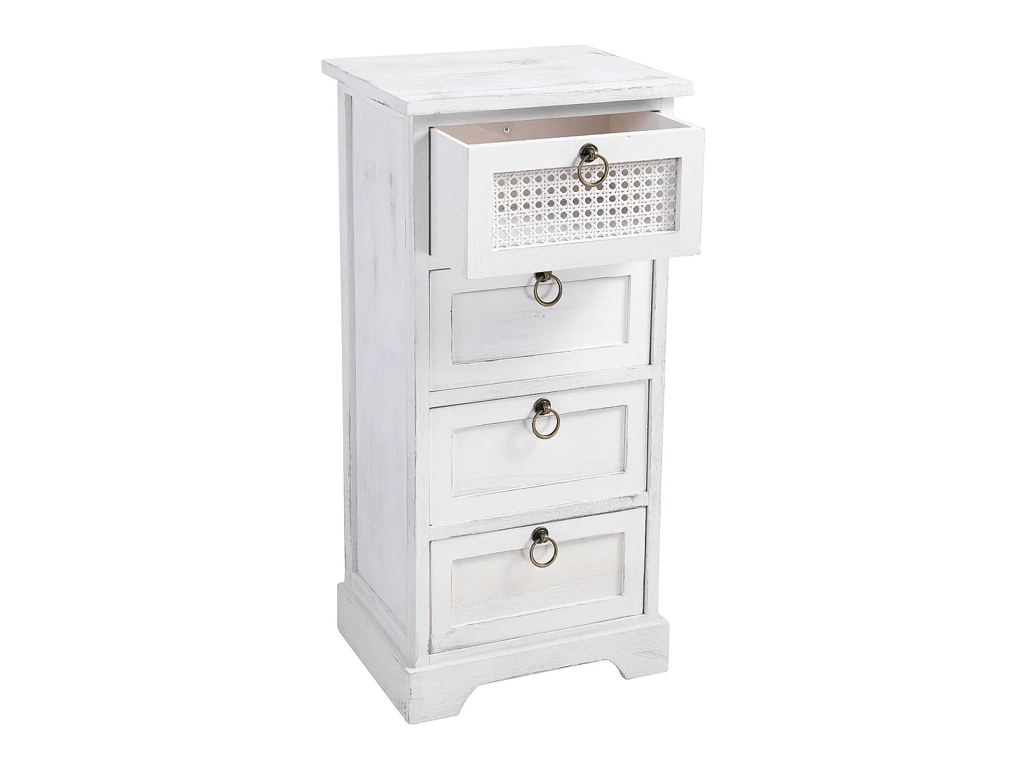 Chiffonnier IRMA petite commode avec 4 tiroirs, en bois de paulownia blanc style shabby chic vintage bohême avec déco en rotin