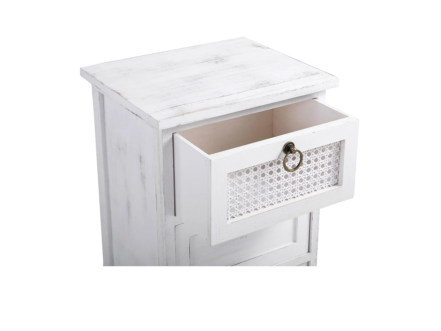 Chiffonnier IRMA petite commode avec 4 tiroirs, en bois de paulownia blanc style shabby chic vintage bohême avec déco en rotin