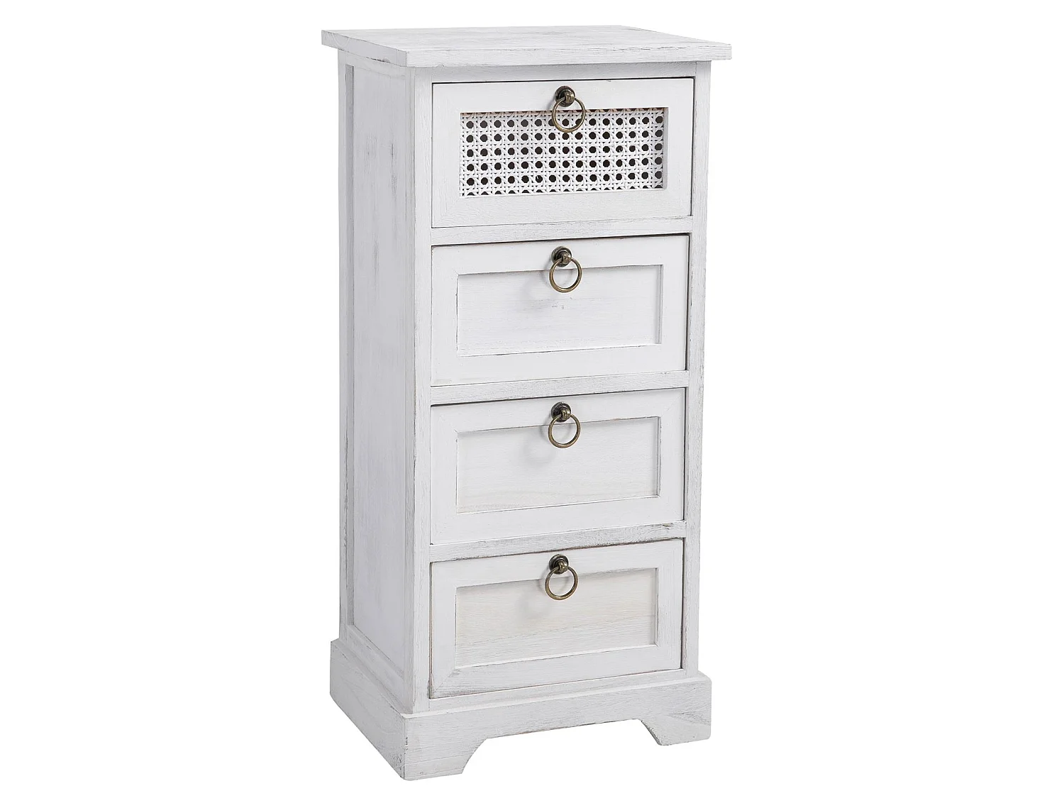 Chiffonnier IRMA petite commode avec 4 tiroirs, en bois de paulownia blanc style shabby chic vintage bohême avec déco en rotin
