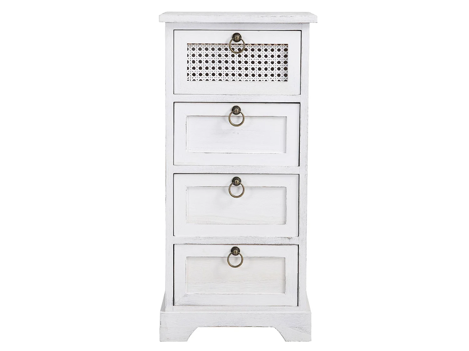 Chiffonnier IRMA petite commode avec 4 tiroirs, en bois de paulownia blanc style shabby chic vintage bohême avec déco en rotin