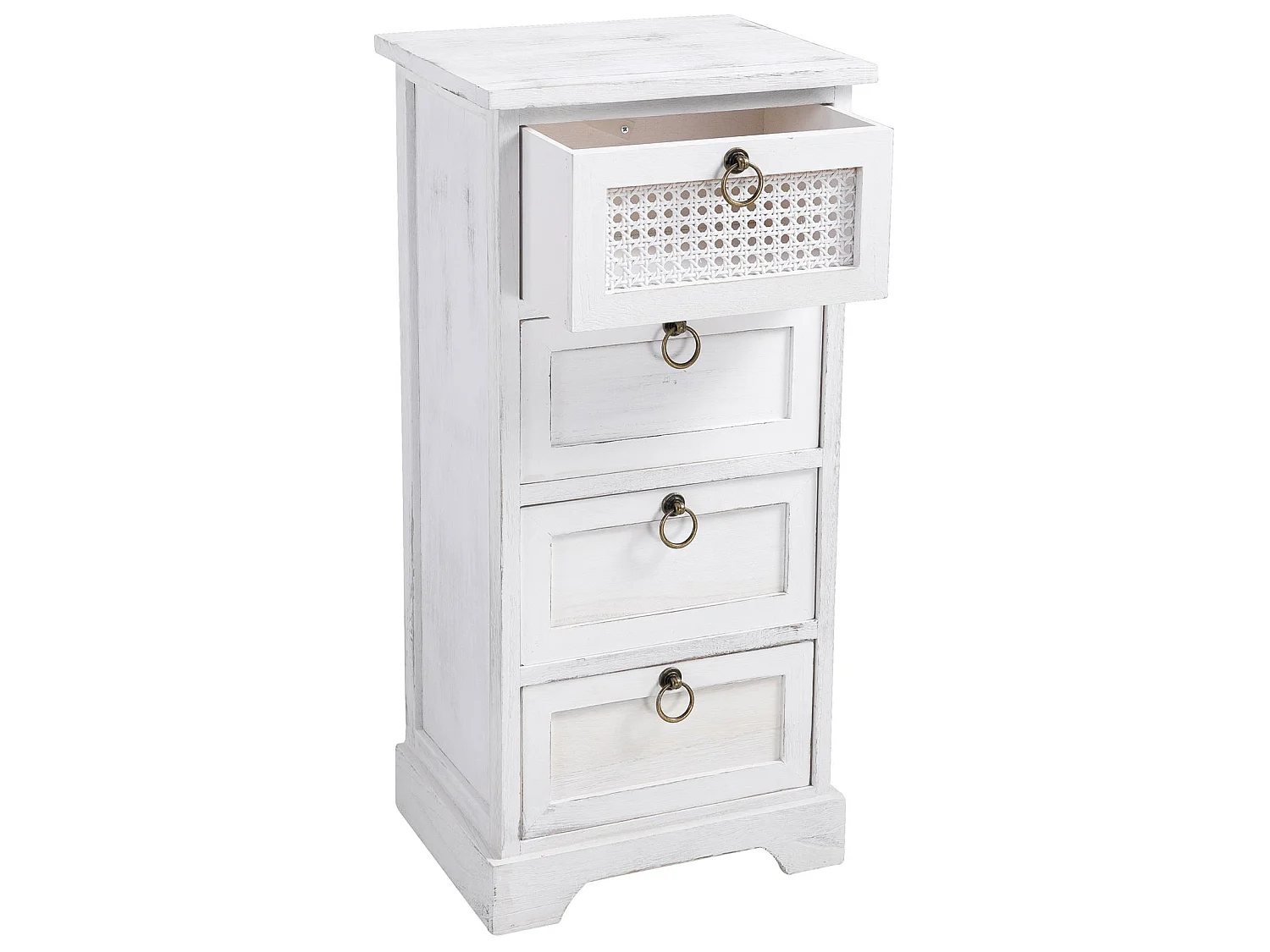 Chiffonnier IRMA petite commode avec 4 tiroirs, en bois de paulownia blanc style shabby chic vintage bohême avec déco en rotin