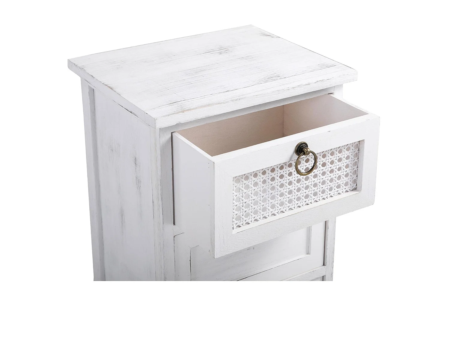 Chiffonnier IRMA petite commode avec 4 tiroirs, en bois de paulownia blanc style shabby chic vintage bohême avec déco en rotin