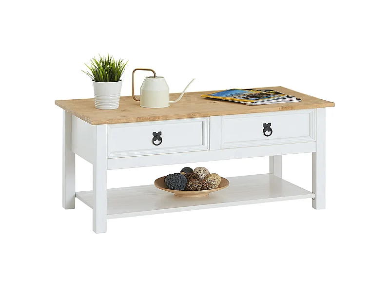 Table basse TEQUILA table de salon rectangulaire style mexicain, avec 2 tiroirs et 1 étagère inférieure, en pin massif blanc et brun