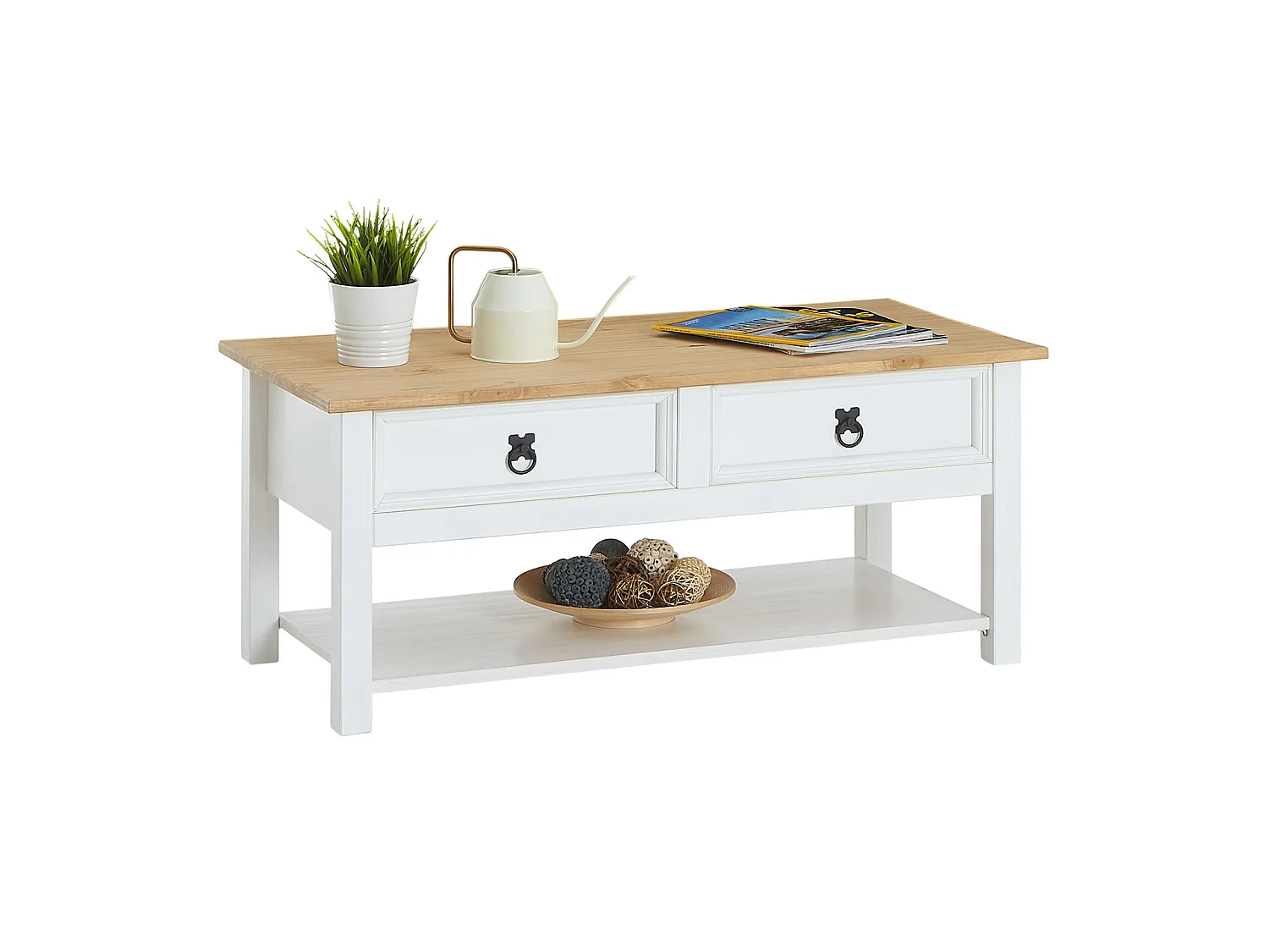 Table basse TEQUILA table de salon rectangulaire style mexicain, avec 2 tiroirs et 1 étagère inférieure, en pin massif blanc et brun