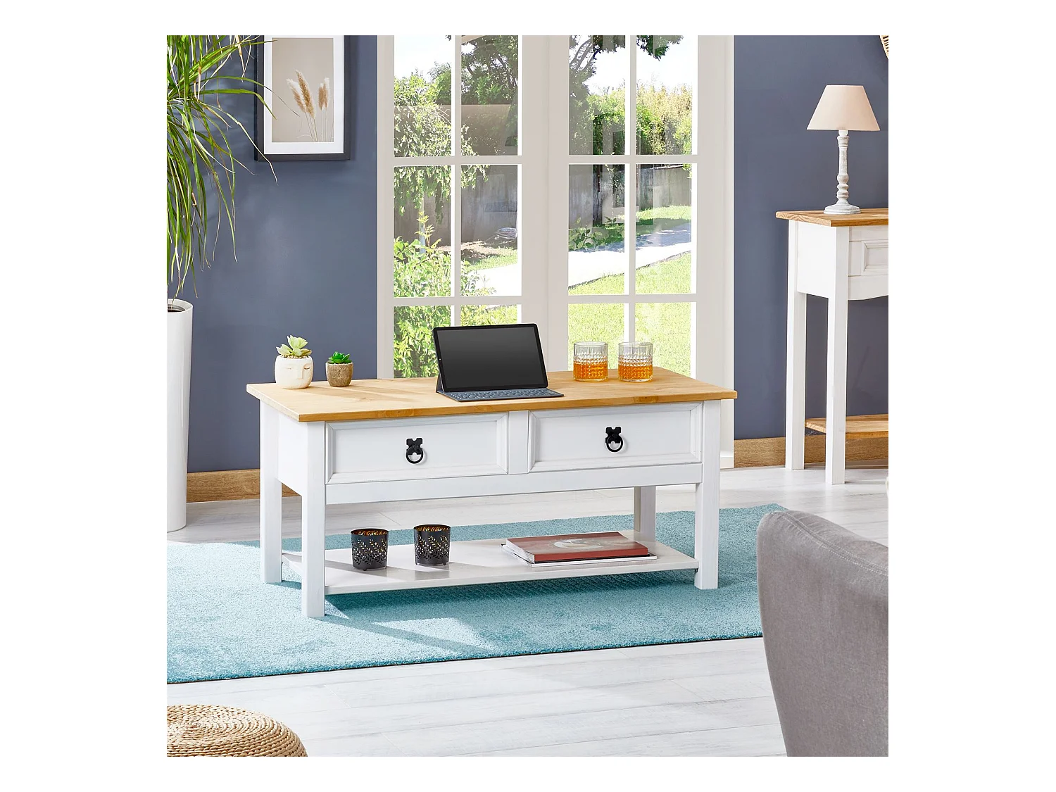 Table basse TEQUILA table de salon rectangulaire style mexicain, avec 2 tiroirs et 1 étagère inférieure, en pin massif blanc et brun