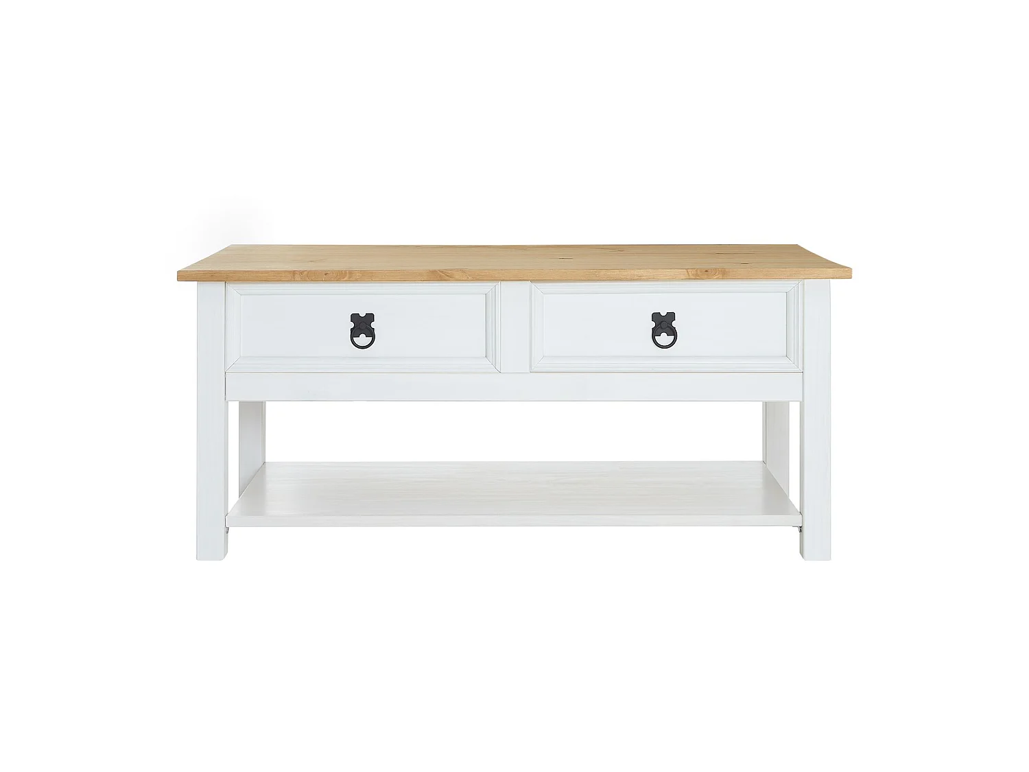 Table basse TEQUILA table de salon rectangulaire style mexicain, avec 2 tiroirs et 1 étagère inférieure, en pin massif blanc et brun