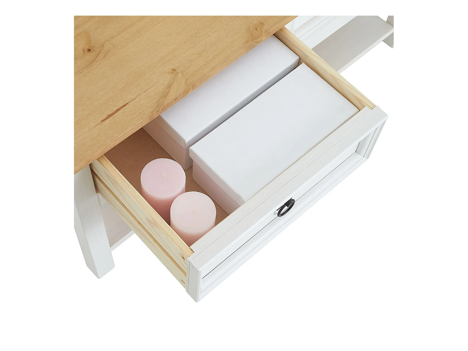 Table basse TEQUILA table de salon rectangulaire style mexicain, avec 2 tiroirs et 1 étagère inférieure, en pin massif blanc et brun