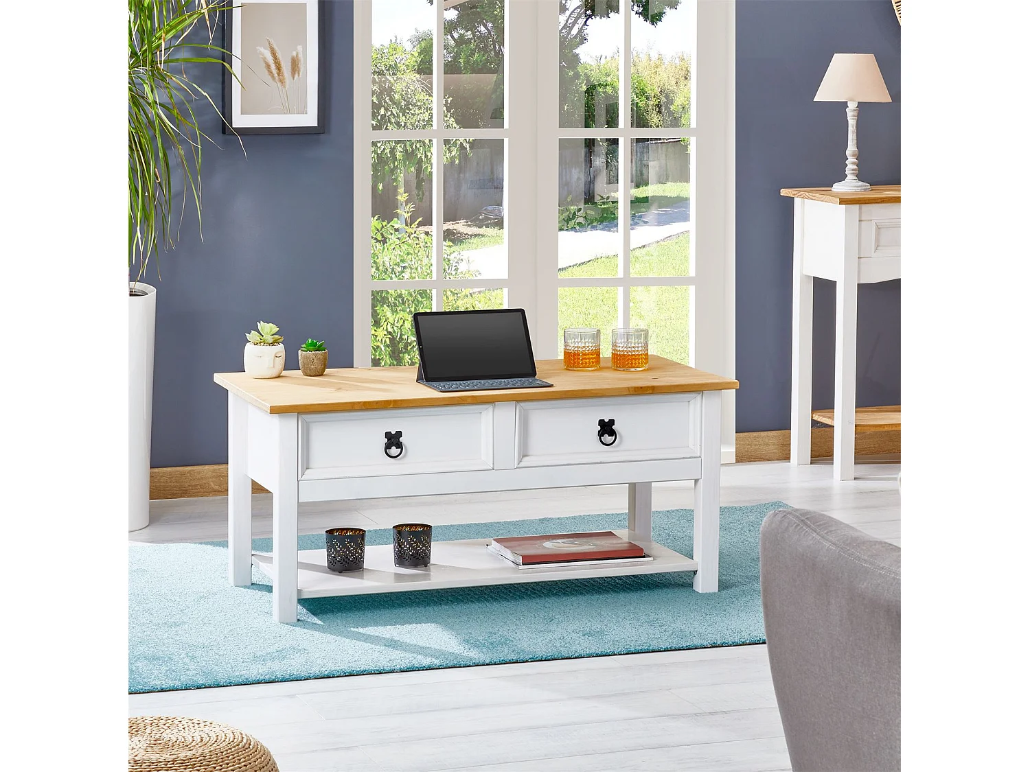 Table basse TEQUILA table de salon rectangulaire style mexicain, avec 2 tiroirs et 1 étagère inférieure, en pin massif blanc et brun