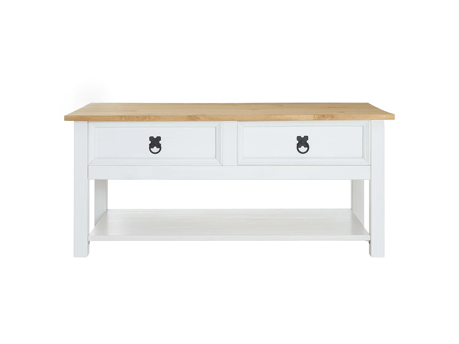 Table basse TEQUILA table de salon rectangulaire style mexicain, avec 2 tiroirs et 1 étagère inférieure, en pin massif blanc et brun