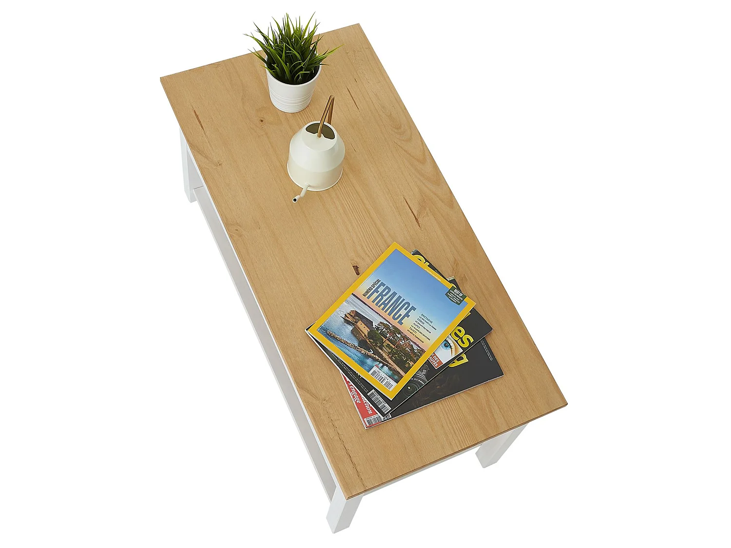 Table basse TEQUILA table de salon rectangulaire style mexicain, avec 2 tiroirs et 1 étagère inférieure, en pin massif blanc et brun