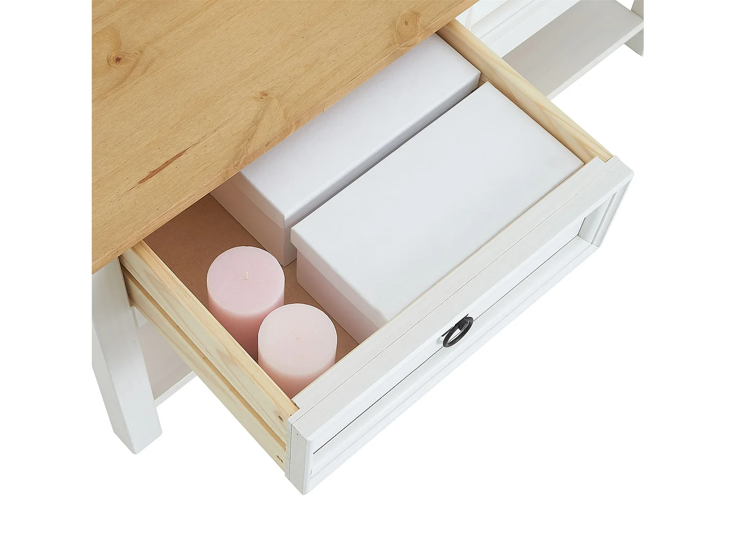 Table basse TEQUILA table de salon rectangulaire style mexicain, avec 2 tiroirs et 1 étagère inférieure, en pin massif blanc et brun