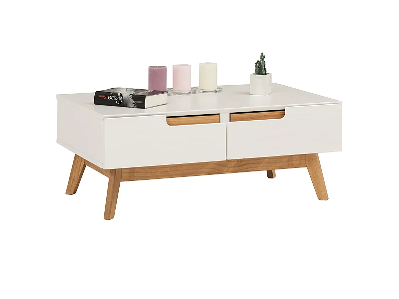 Table basse TIBOR style scandinave design vintage nordique table de salon rectangulaire 2 tiroirs 2 niches pin massif lasuré blanc