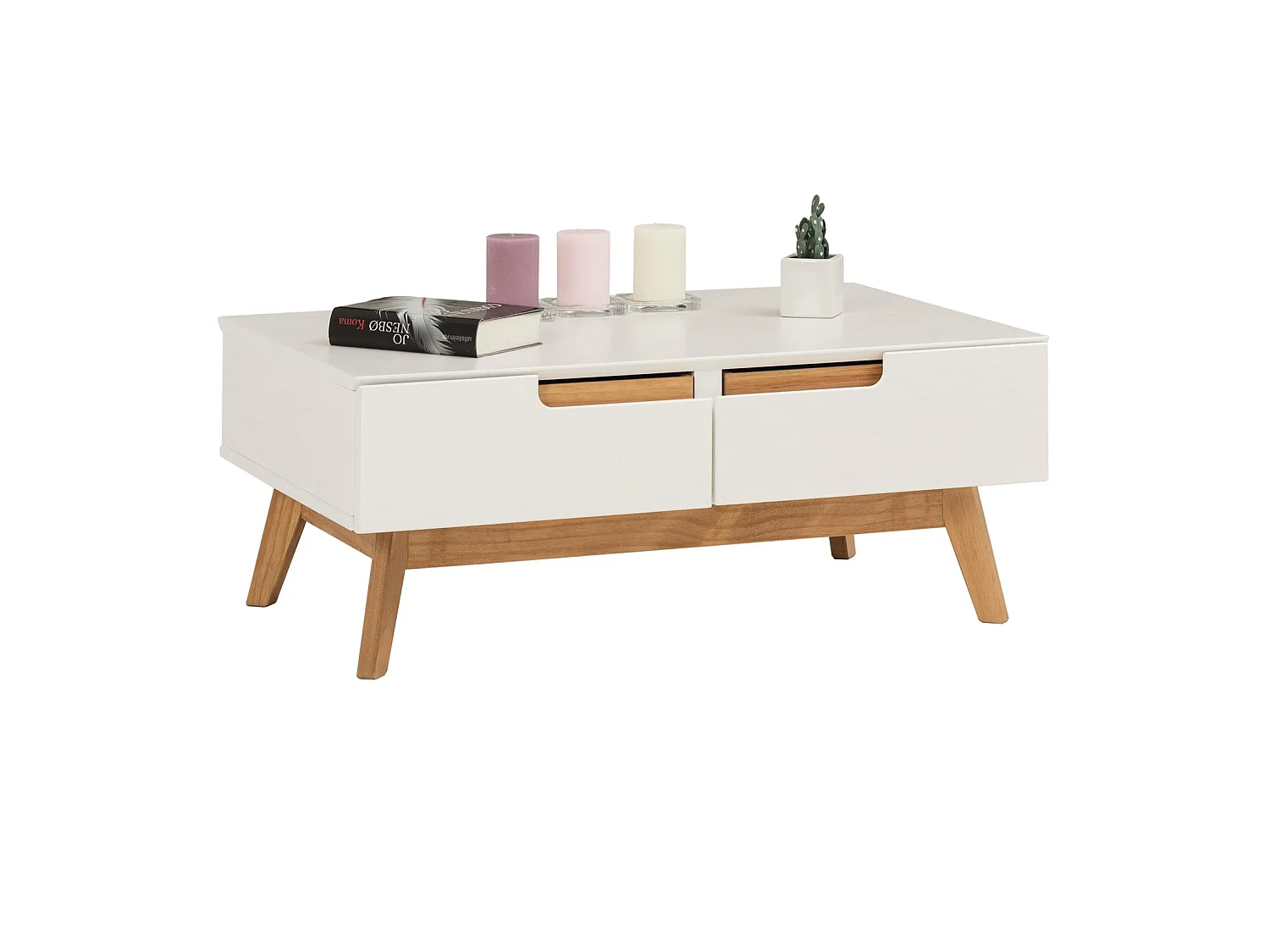 Table basse TIBOR style scandinave design vintage nordique table de salon rectangulaire 2 tiroirs 2 niches pin massif lasuré blanc