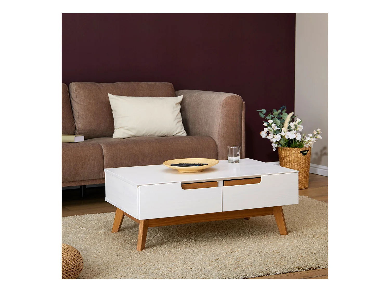 Table basse TIBOR style scandinave design vintage nordique table de salon rectangulaire 2 tiroirs 2 niches pin massif lasuré blanc