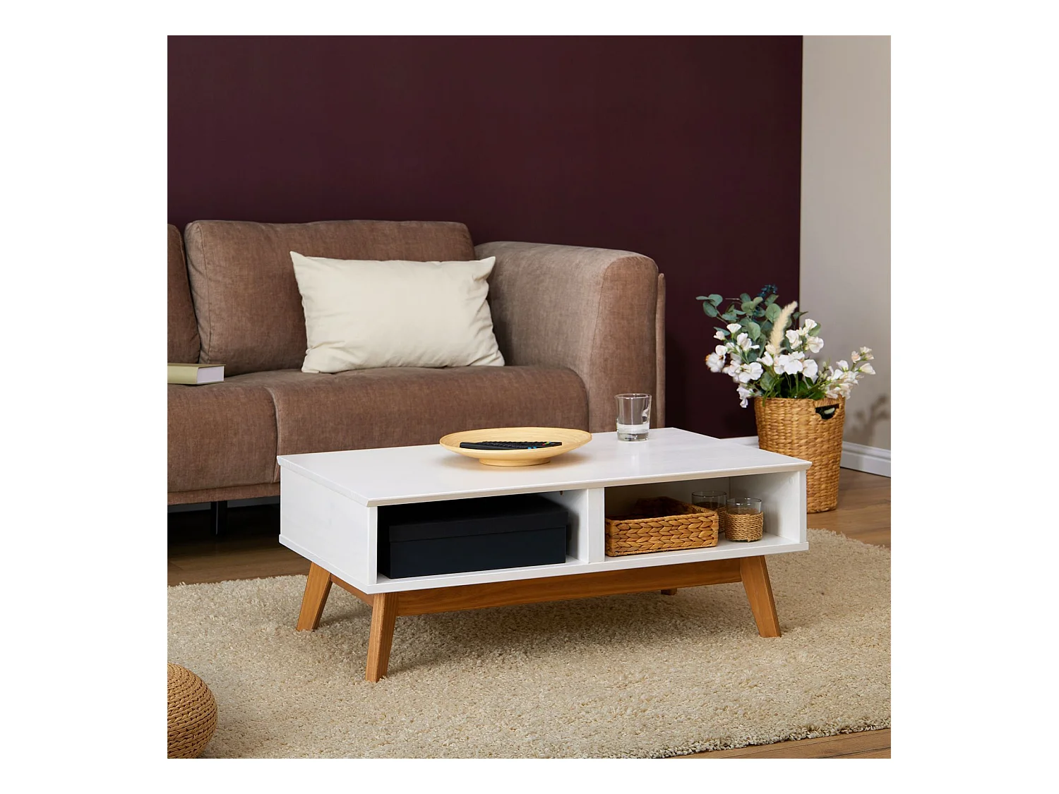 Table basse TIBOR style scandinave design vintage nordique table de salon rectangulaire 2 tiroirs 2 niches pin massif lasuré blanc