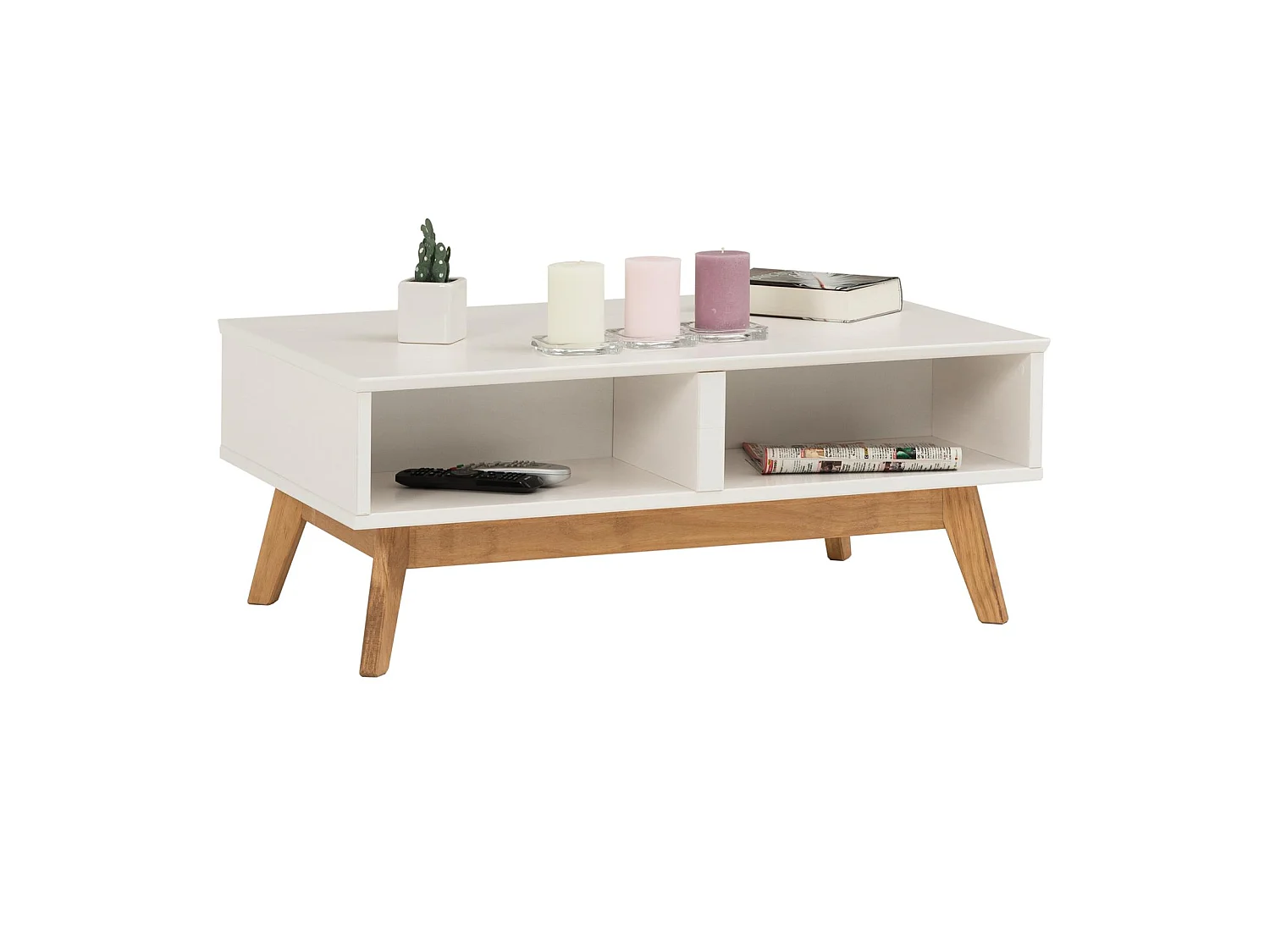 Table basse TIBOR style scandinave design vintage nordique table de salon rectangulaire 2 tiroirs 2 niches pin massif lasuré blanc