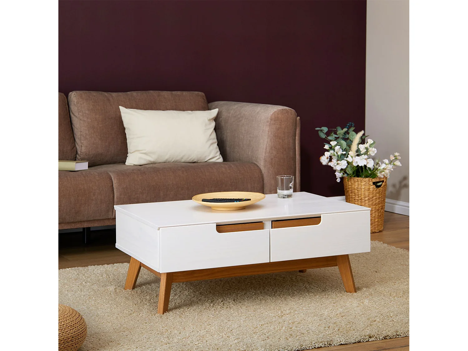 Table basse TIBOR style scandinave design vintage nordique table de salon rectangulaire 2 tiroirs 2 niches pin massif lasuré blanc