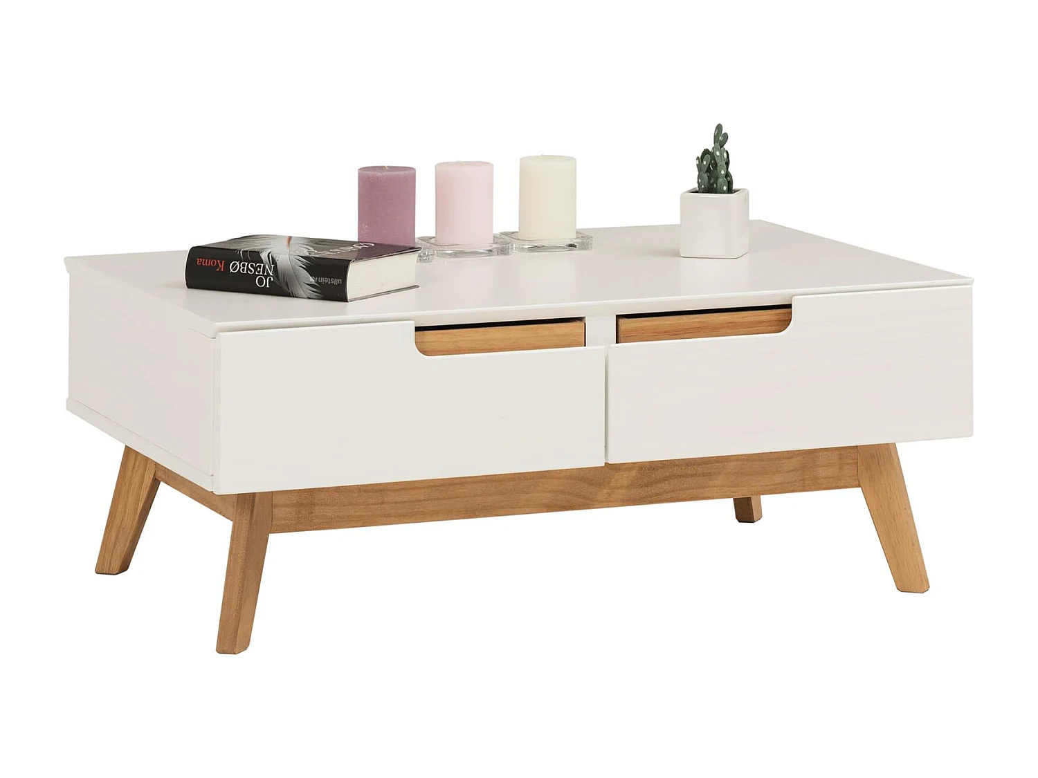 Table basse TIBOR style scandinave design vintage nordique table de salon rectangulaire 2 tiroirs 2 niches pin massif lasuré blanc