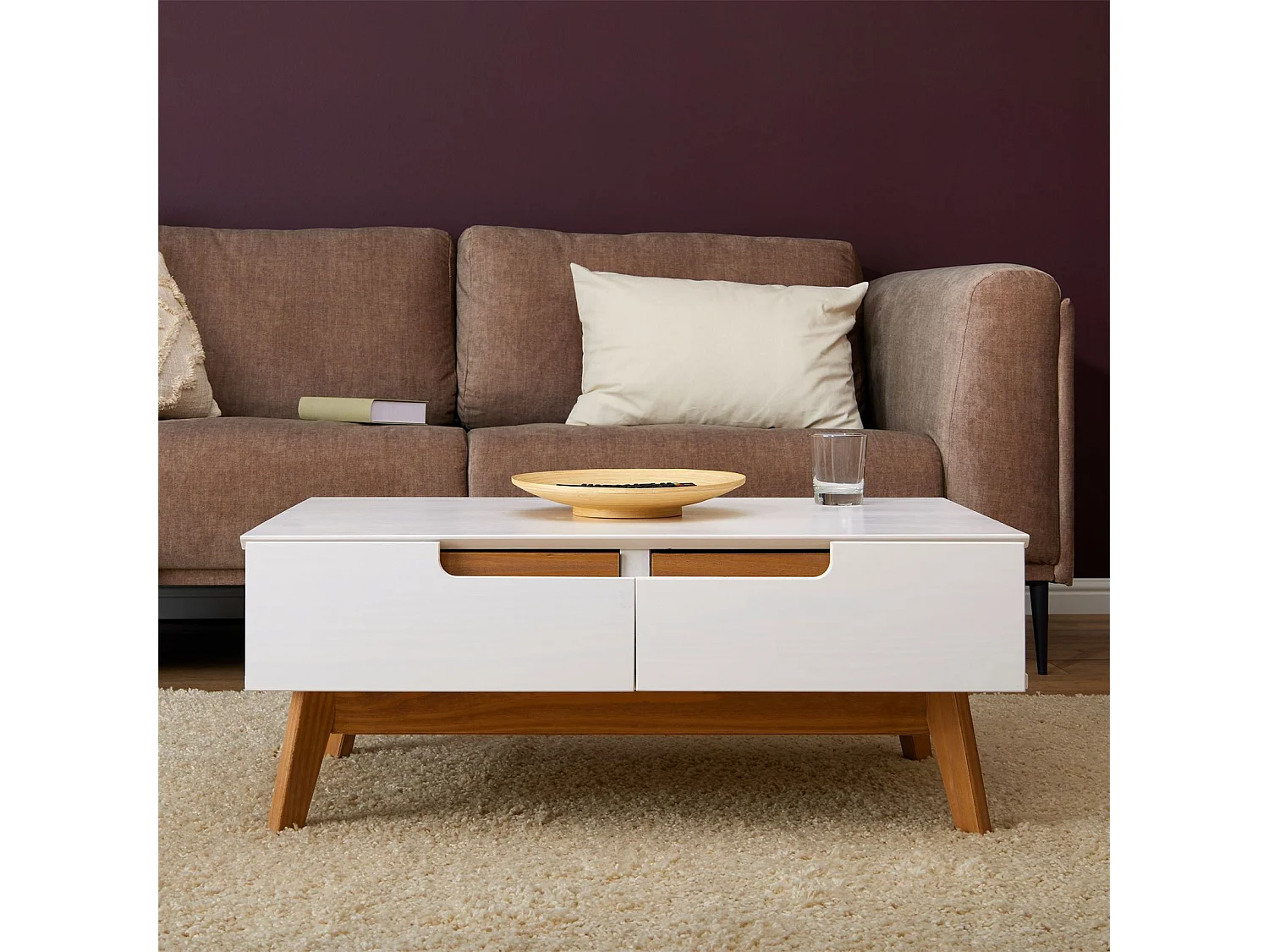 Table basse TIBOR style scandinave design vintage nordique table de salon rectangulaire 2 tiroirs 2 niches pin massif lasuré blanc