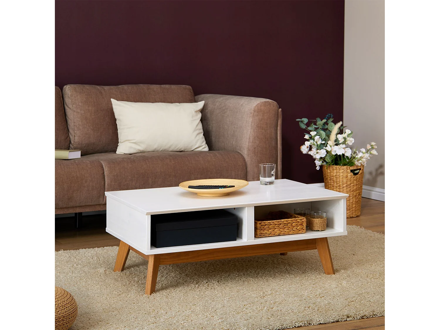 Table basse TIBOR style scandinave design vintage nordique table de salon rectangulaire 2 tiroirs 2 niches pin massif lasuré blanc