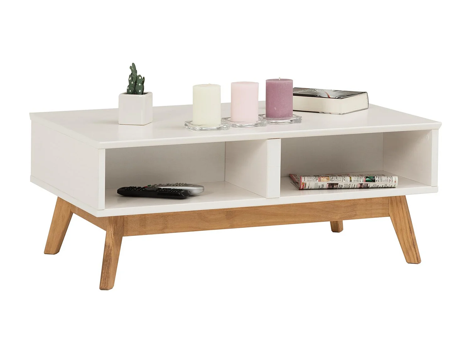 Table basse TIBOR style scandinave design vintage nordique table de salon rectangulaire 2 tiroirs 2 niches pin massif lasuré blanc