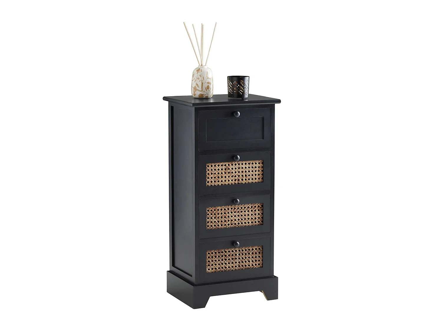 Chiffonnier JASMIN petite commode avec 4 tiroirs, style vintage bohême, en bois de paulownia lasuré noir et rotin