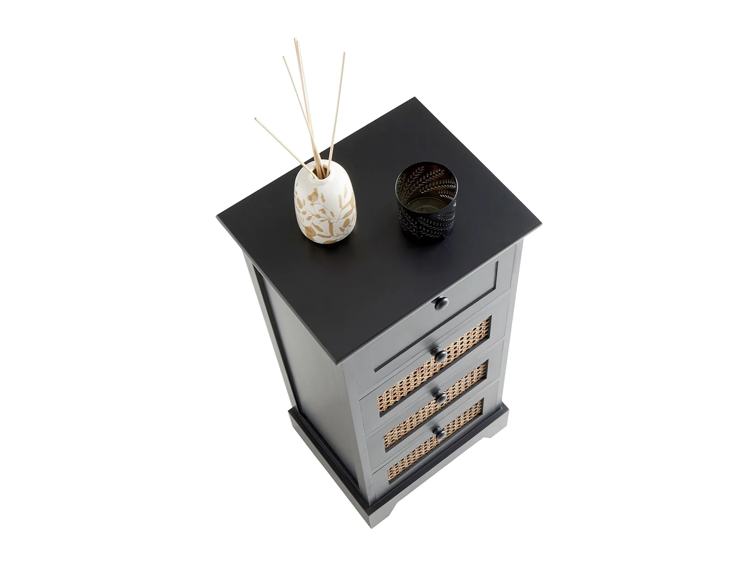 Chiffonnier JASMIN petite commode avec 4 tiroirs, style vintage bohême, en bois de paulownia lasuré noir et rotin