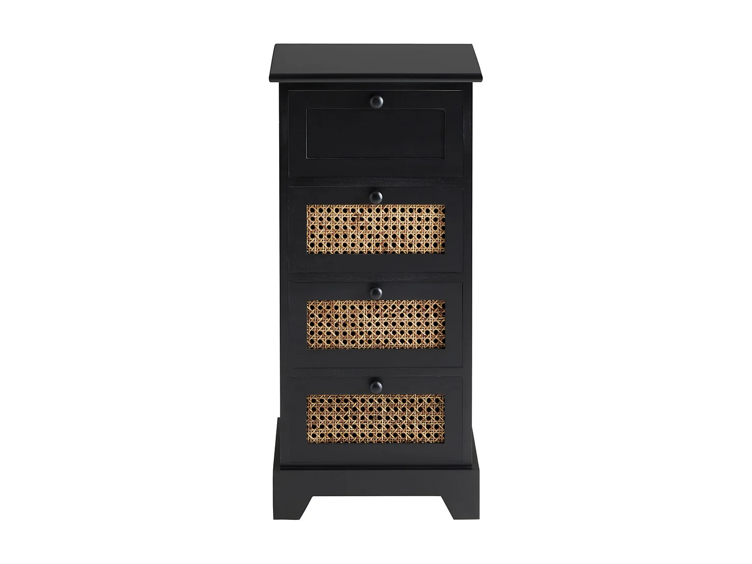 Chiffonnier JASMIN petite commode avec 4 tiroirs, style vintage bohême, en bois de paulownia lasuré noir et rotin