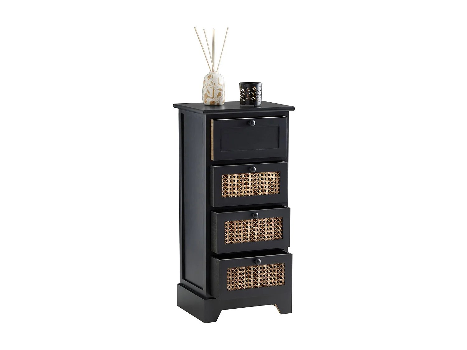 Chiffonnier JASMIN petite commode avec 4 tiroirs, style vintage bohême, en bois de paulownia lasuré noir et rotin