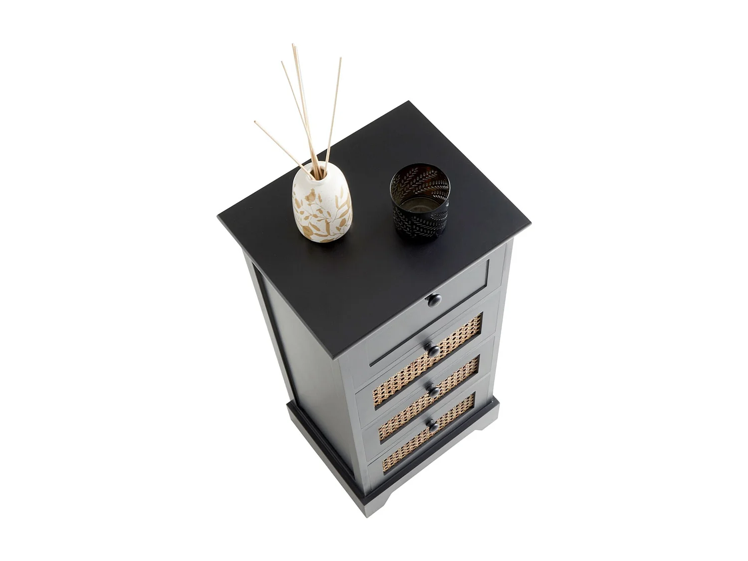 Chiffonnier JASMIN petite commode avec 4 tiroirs, style vintage bohême, en bois de paulownia lasuré noir et rotin