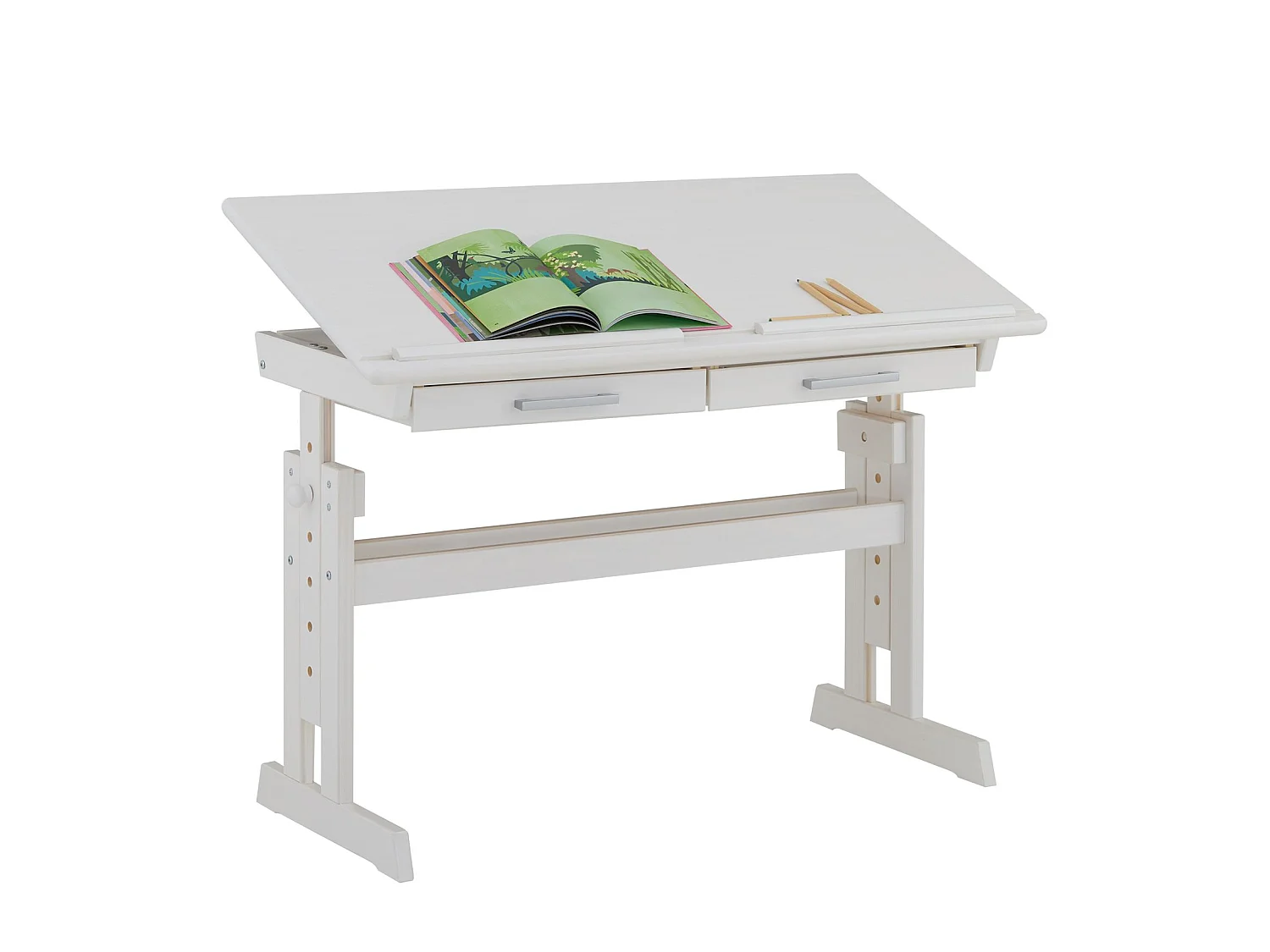 Bureau enfant écolier junior OLIVIA table à dessin réglable en hauteur et pupitre inclinable avec 2 tiroirs en pin massif blanc
