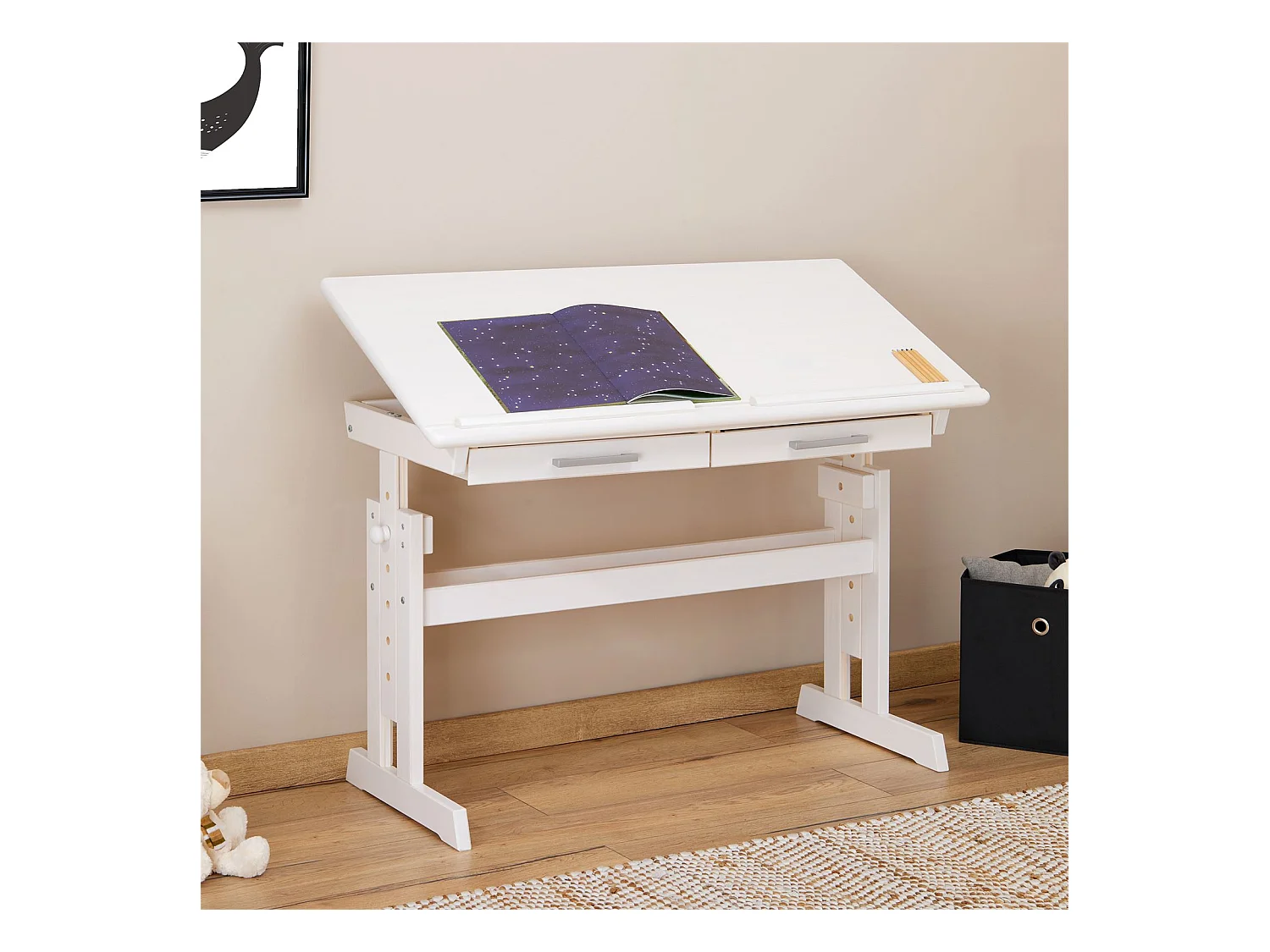 Bureau enfant écolier junior OLIVIA table à dessin réglable en hauteur et pupitre inclinable avec 2 tiroirs en pin massif blanc