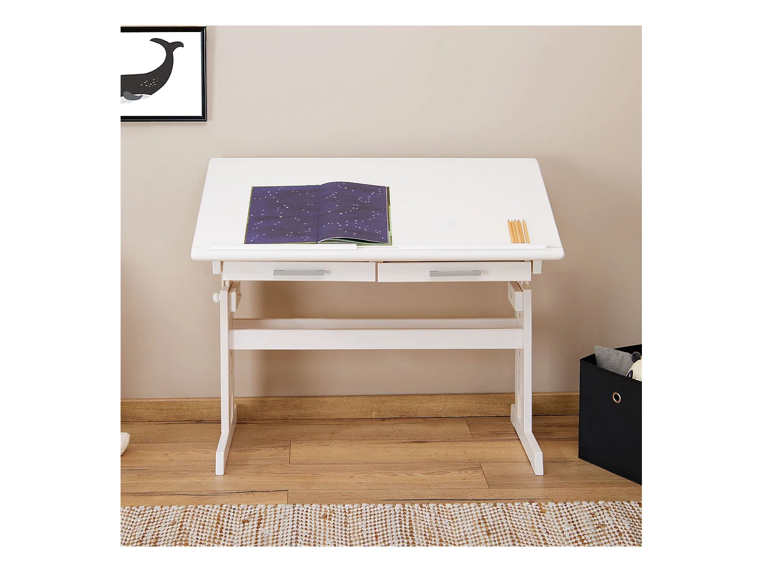 Bureau enfant écolier junior OLIVIA table à dessin réglable en hauteur et pupitre inclinable avec 2 tiroirs en pin massif blanc