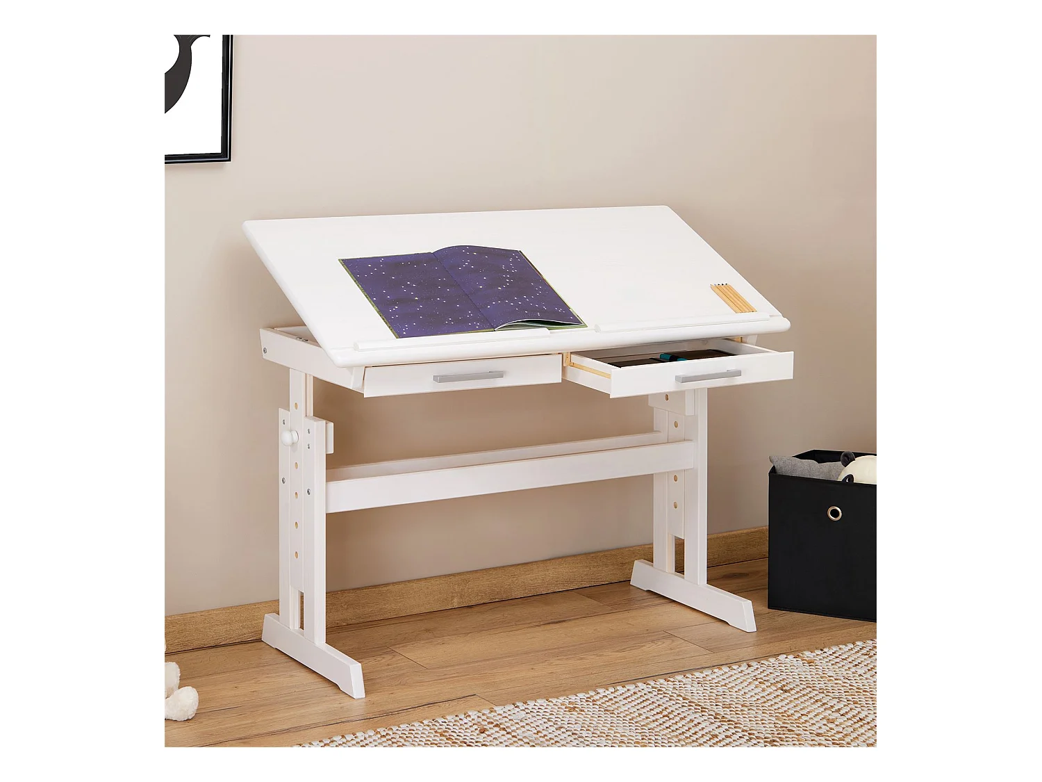Bureau enfant écolier junior OLIVIA table à dessin réglable en hauteur et pupitre inclinable avec 2 tiroirs en pin massif blanc