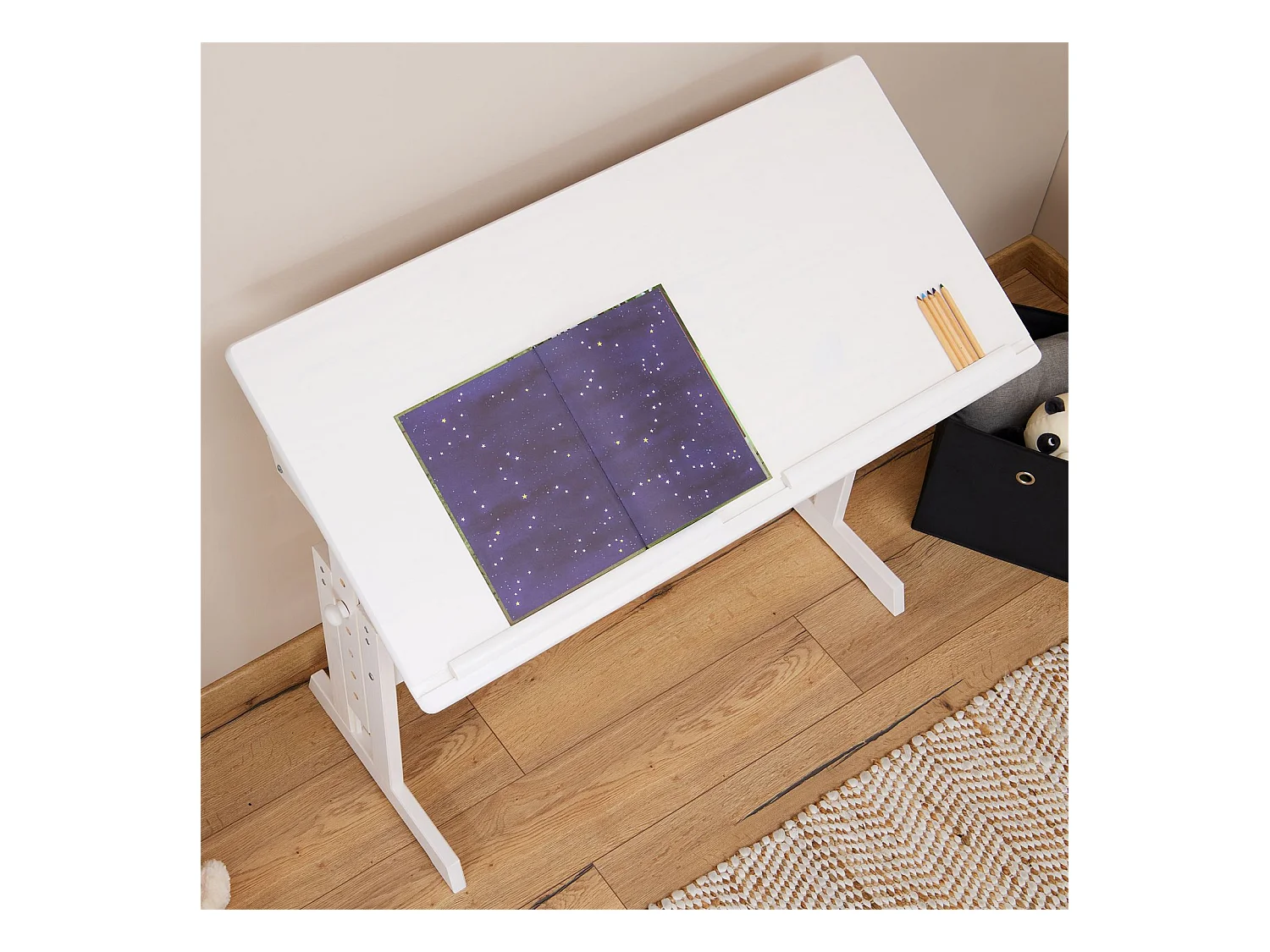 Bureau enfant écolier junior OLIVIA table à dessin réglable en hauteur et pupitre inclinable avec 2 tiroirs en pin massif blanc