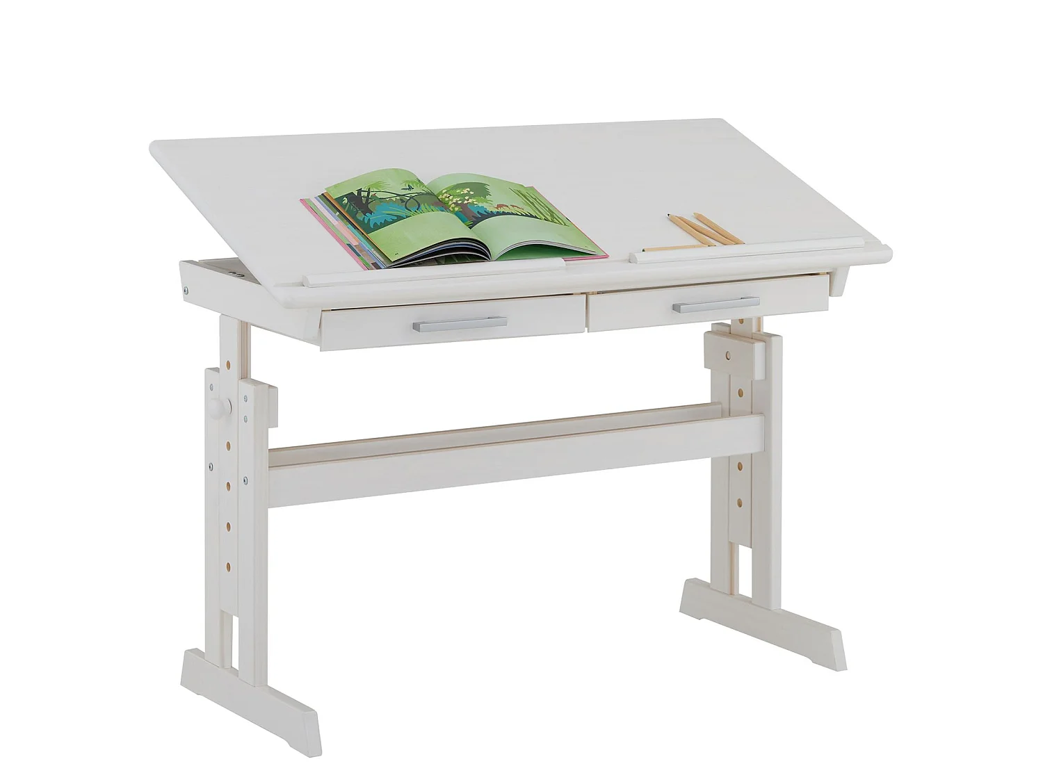Bureau enfant écolier junior OLIVIA table à dessin réglable en hauteur et pupitre inclinable avec 2 tiroirs en pin massif blanc