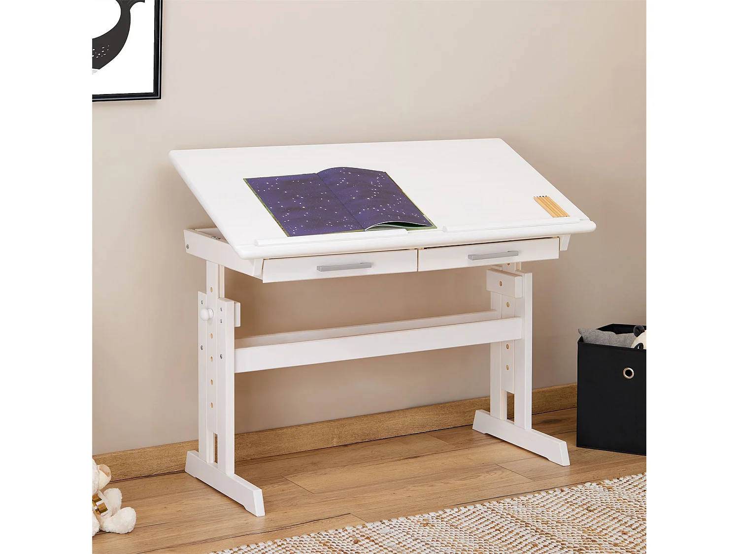 Bureau enfant écolier junior OLIVIA table à dessin réglable en hauteur et pupitre inclinable avec 2 tiroirs en pin massif blanc