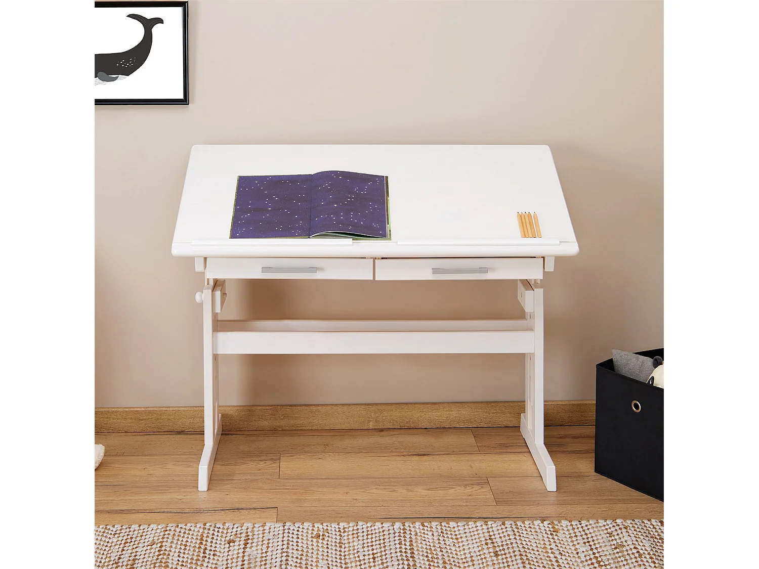 Bureau enfant écolier junior OLIVIA table à dessin réglable en hauteur et pupitre inclinable avec 2 tiroirs en pin massif blanc