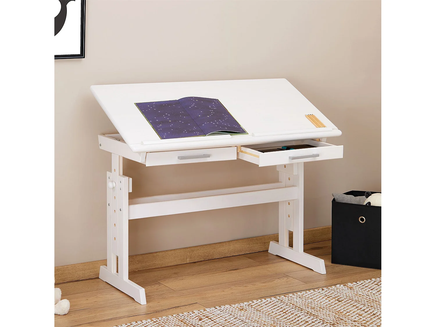 Bureau enfant écolier junior OLIVIA table à dessin réglable en hauteur et pupitre inclinable avec 2 tiroirs en pin massif blanc