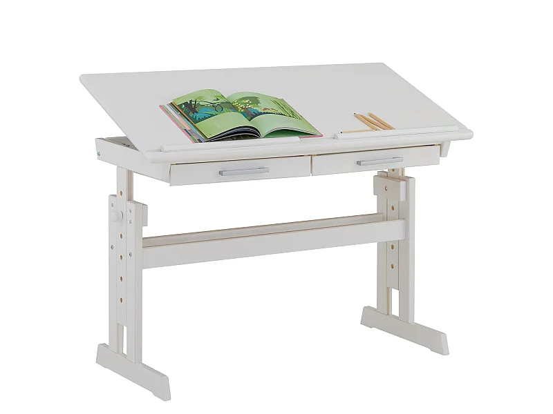 Bureau enfant écolier junior OLIVIA table à dessin réglable en hauteur et pupitre inclinable avec 2 tiroirs en pin massif blanc