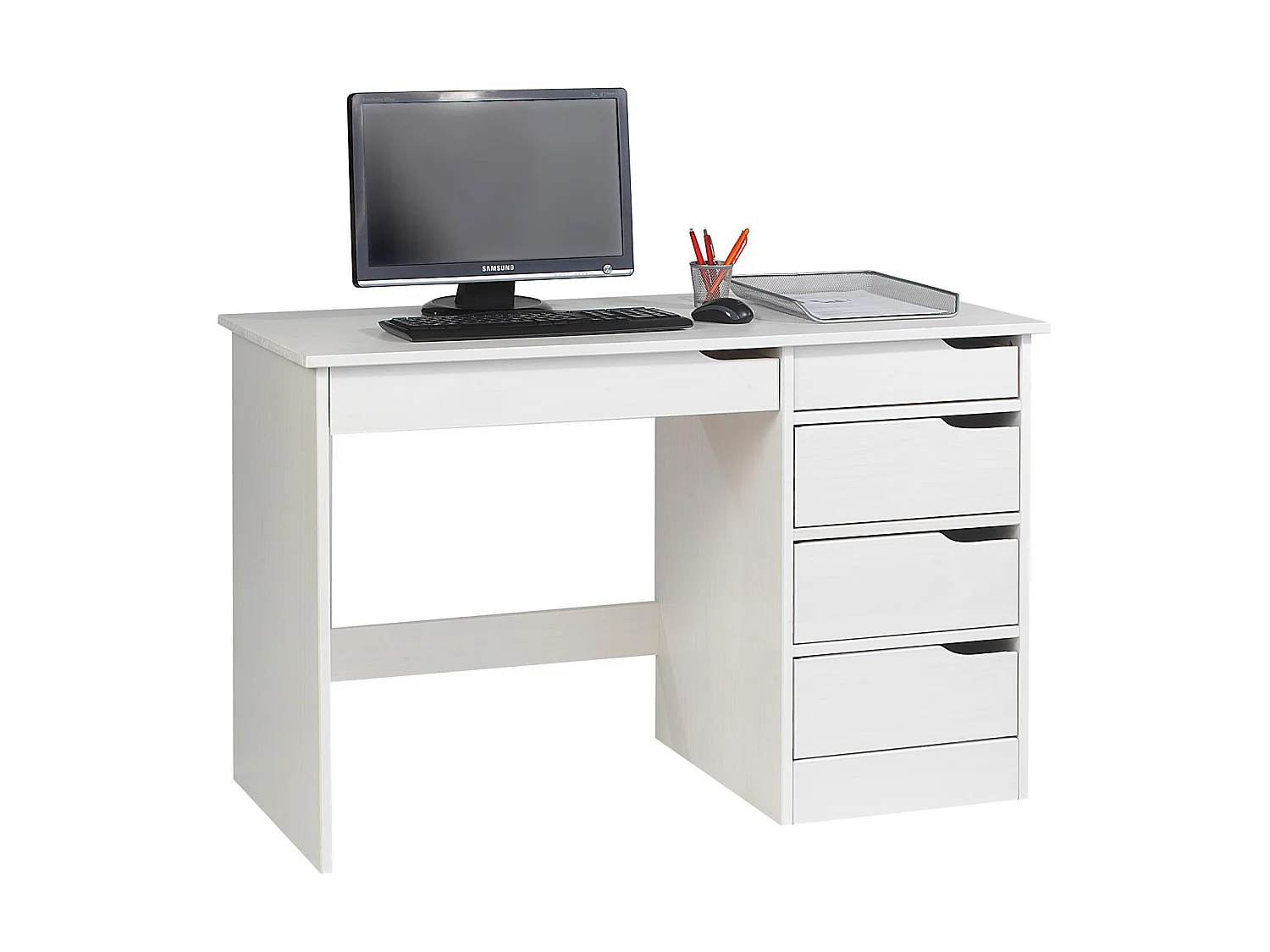 Bureau HUGO avec rangement 5 tiroirs style scandinave en pin massif lasuré blanc