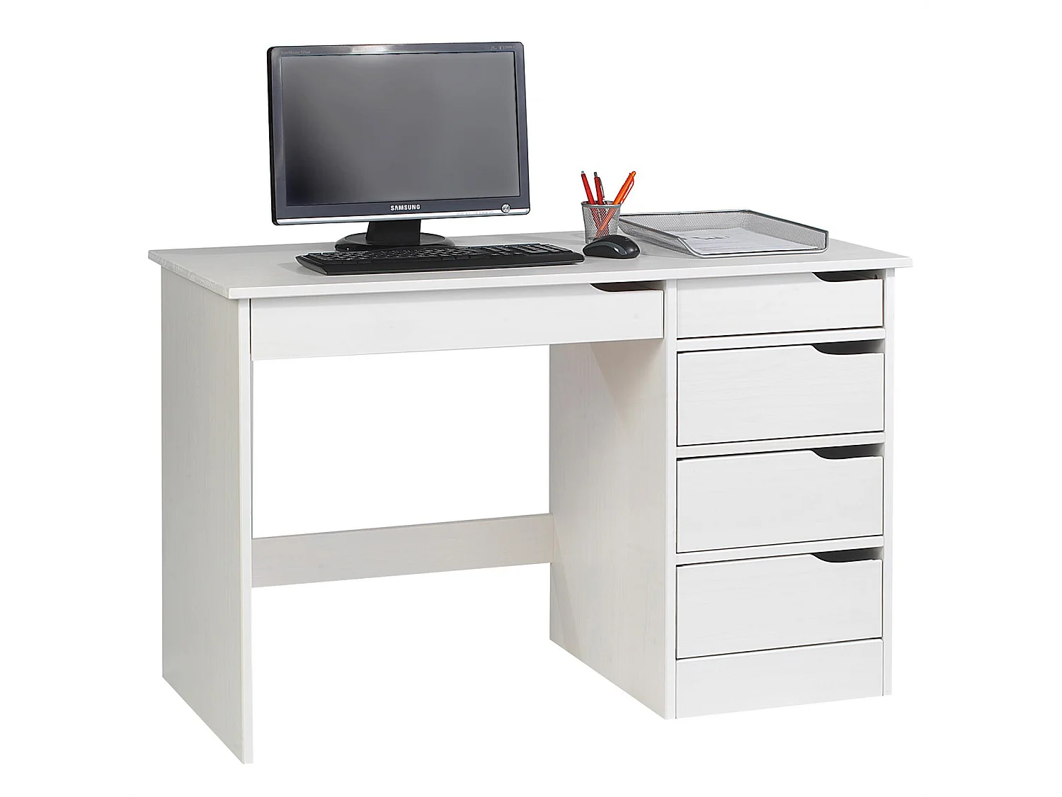 Bureau HUGO avec rangement 5 tiroirs style scandinave en pin massif lasuré blanc