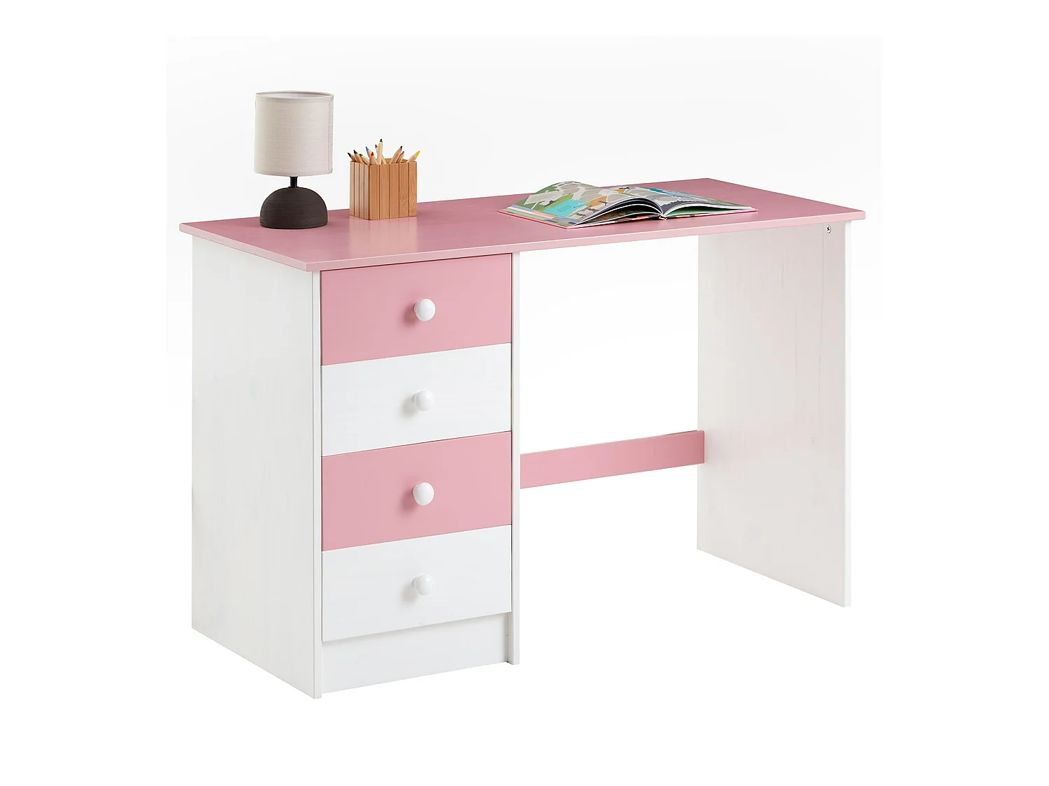 Bureau ARNE pour enfant ou adulte multi rangements, avec 4 tiroirs, en pin massif lasuré blanc et rose