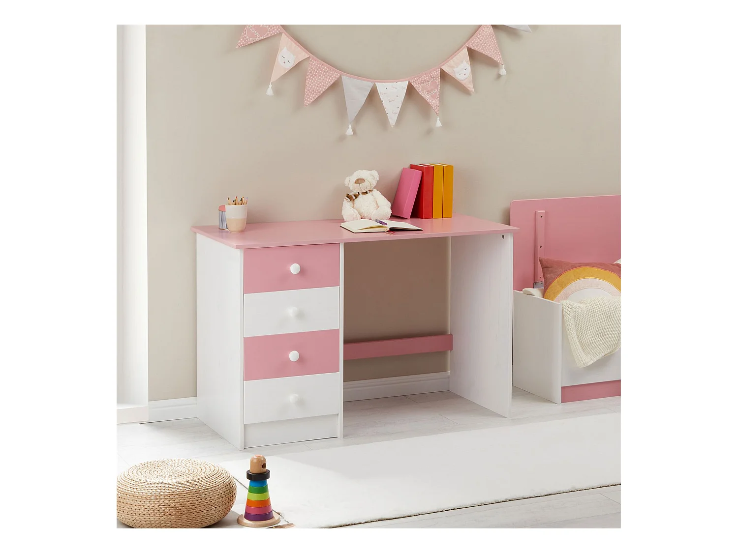 Bureau ARNE pour enfant ou adulte multi rangements, avec 4 tiroirs, en pin massif lasuré blanc et rose